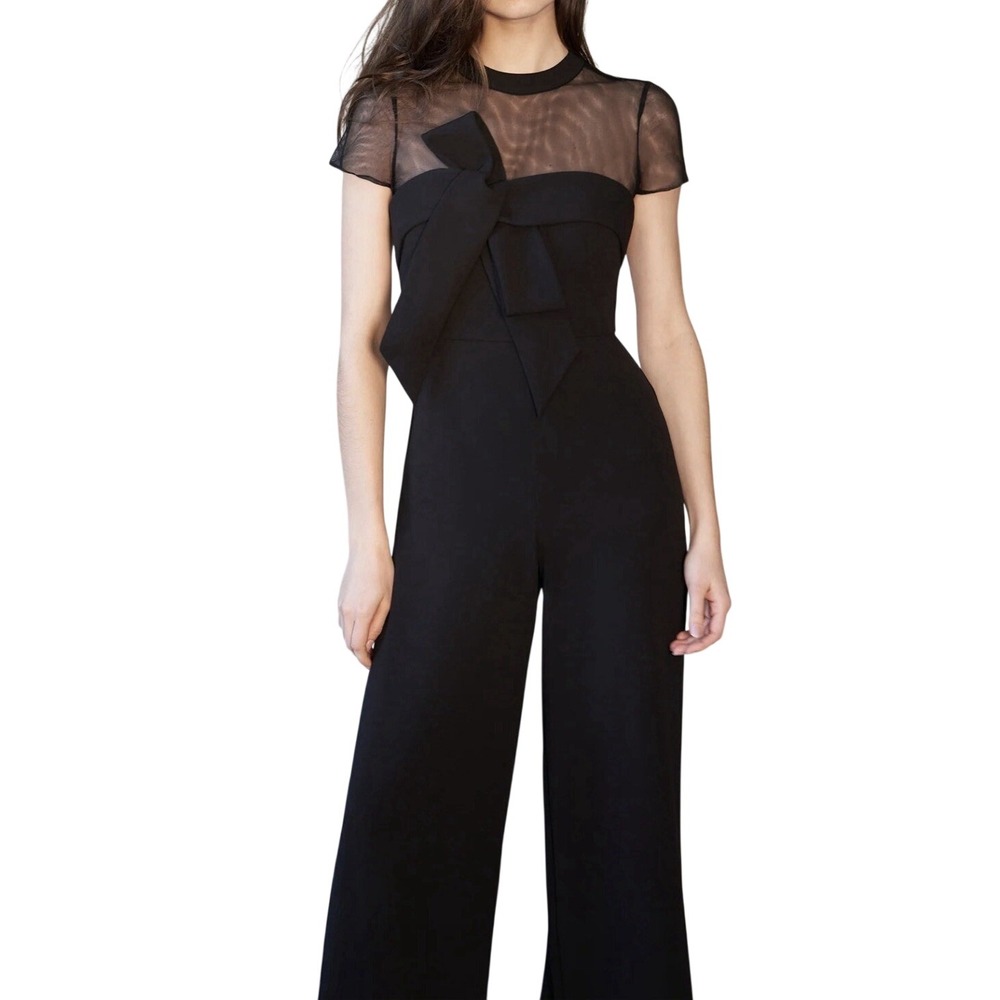JS Collections Black Mesh Yoke Bow Detail Wide Leg Jumpsuit Womens 14 Formal